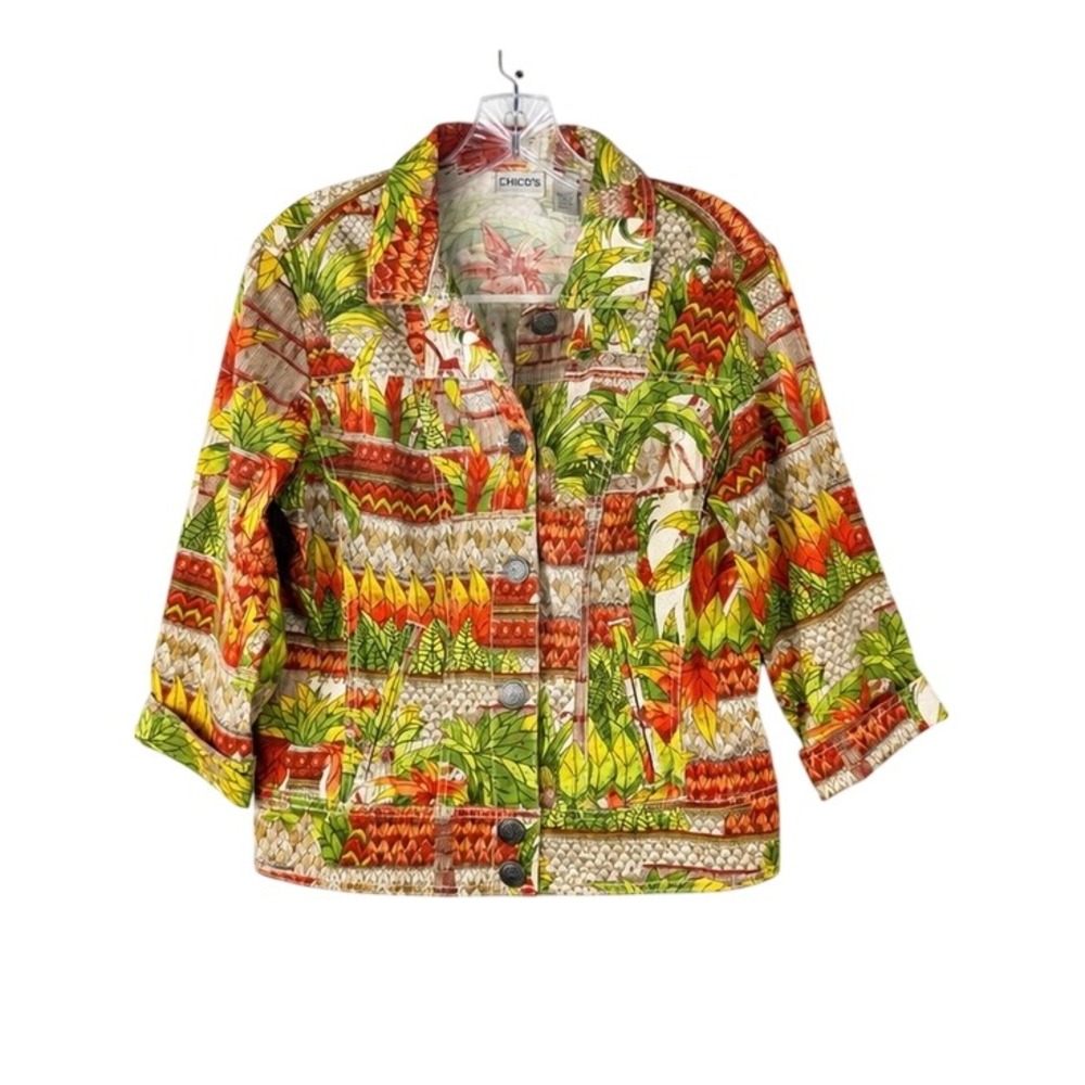 Chico's Tropical Monkey Print Jacket Cotton Stretch Button Front Safari Resort M